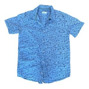 FatFace Young Crew Boys Blue Fish Print Cotton Button Down Shirt Size 12/13